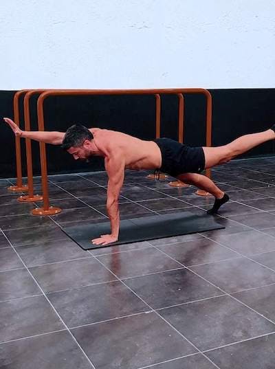 Push-up plank with alternating arm and leg lifts